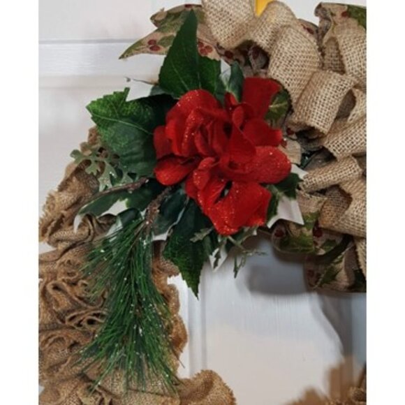 Winter Christmas Burlap Wreath w/Red Hydrangea & Holiday Winter Frosted Greenery - Picture 5 of 9